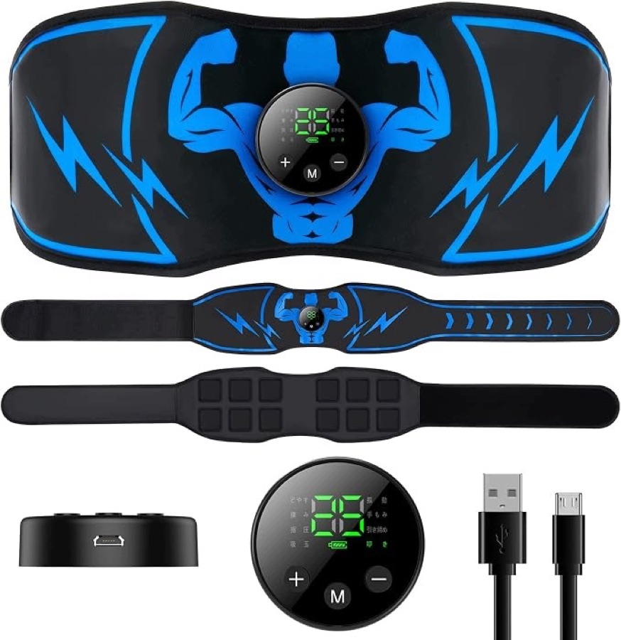 EMS pás na břišní svaly s ovládacím modulem, prodlužovacím pásem a USB-C kabelem